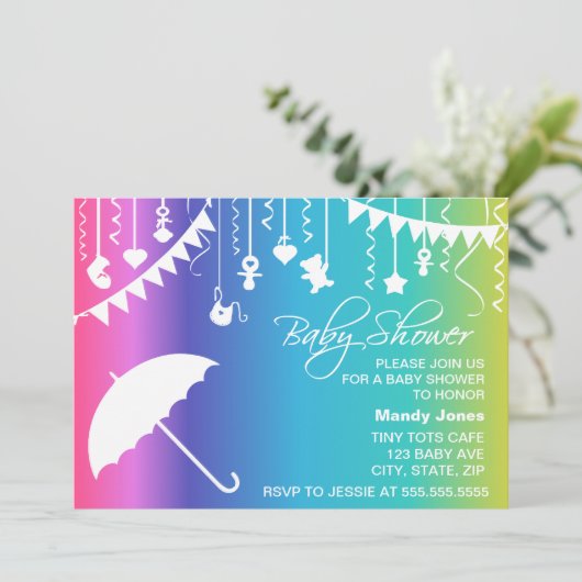 虹の傘のモダンベビーシャワー招待状 招待状 (スタンド正面)