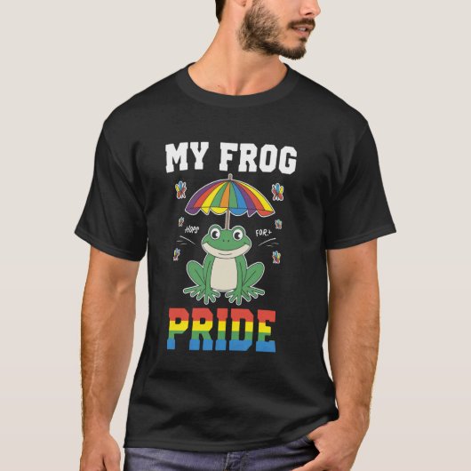 虹の傘の下で笑うカエル Tシャツ (正面)