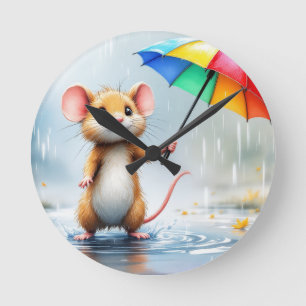 虹の傘を持つネズミの雨水色 ラウンド壁時計