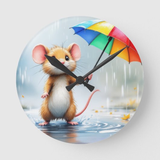 虹の傘を持つネズミの雨水色 ラウンド壁時計 (正面)