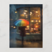 虹の傘を持つ抽象的な雨の日の女性 ポストカード (正面)