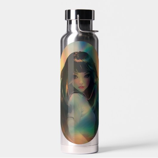 虹の光に囲まれたアニメの少女のアートワーク ウォーターボトル (左面)