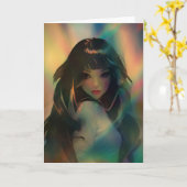 虹の光に囲まれたアニメの少女のアートワーク カード (黄色い花)