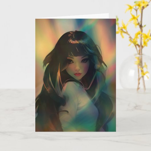 虹の光に囲まれたアニメの少女のアートワーク カード (黄色い花)