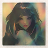 虹の光に囲まれたアニメの少女のアートワーク ガラスコースター (正面)