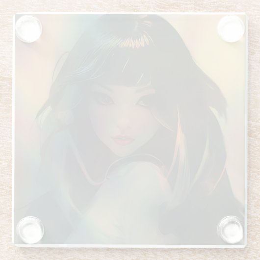 虹の光に囲まれたアニメの少女のアートワーク ガラスコースター (裏面)