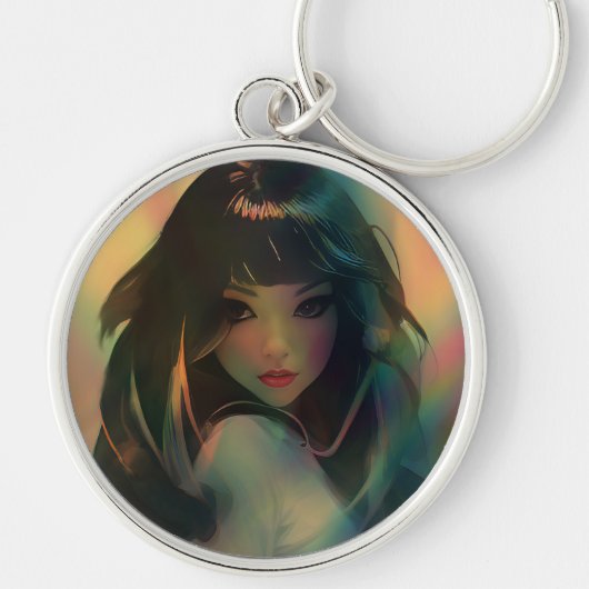 虹の光に囲まれたアニメの少女のアートワーク キーホルダー (正面)