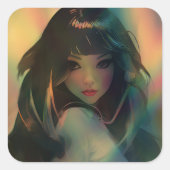 虹の光に囲まれたアニメの少女のアートワーク スクエアシール (正面)