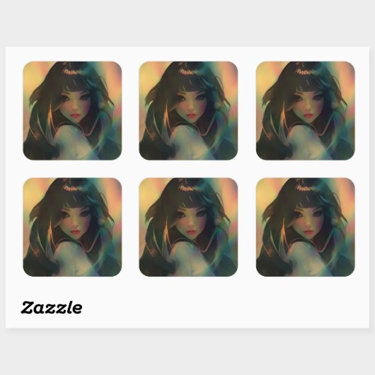 虹の光に囲まれたアニメの少女のアートワーク スクエアシール (シート)