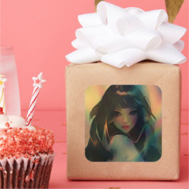 虹の光に囲まれたアニメの少女のアートワーク スクエアシール