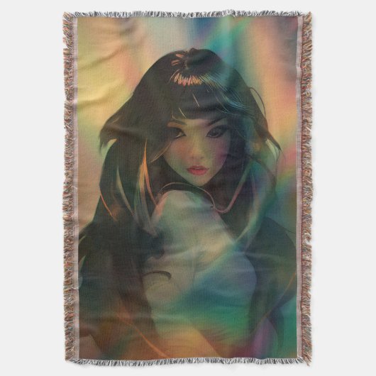 虹の光に囲まれたアニメの少女のアートワーク スローブランケット (正面縦)