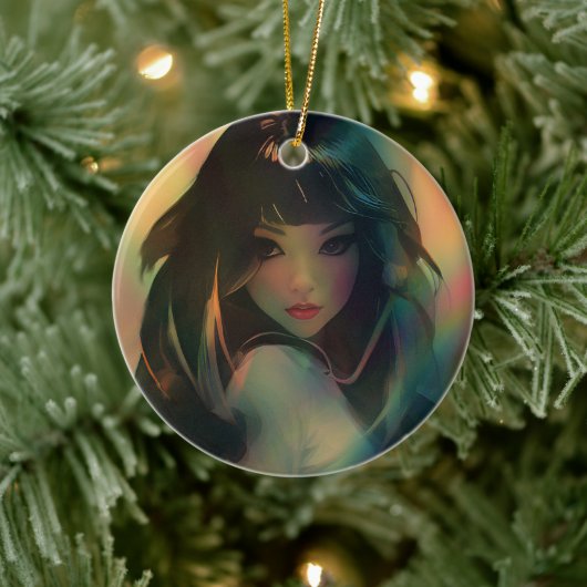 虹の光に囲まれたアニメの少女のアートワーク セラミックオーナメント (ツリー)
