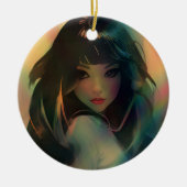 虹の光に囲まれたアニメの少女のアートワーク セラミックオーナメント (正面)