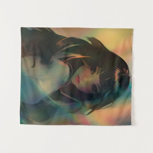 虹の光に囲まれたアニメの少女のアートワーク タペストリー (正面(横))