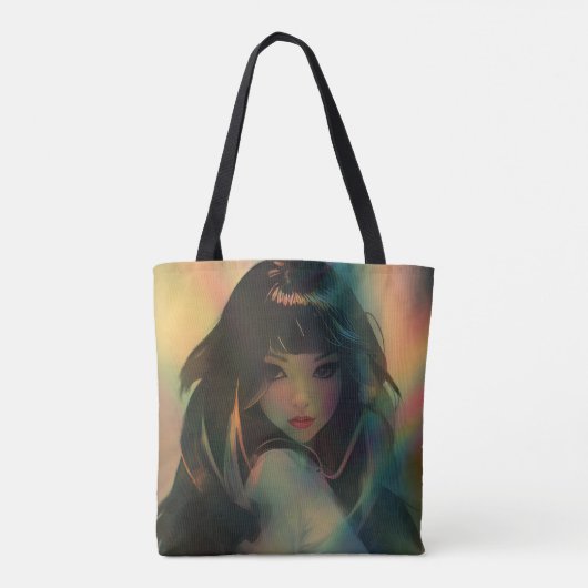 虹の光に囲まれたアニメの少女のアートワーク トートバッグ (裏面)