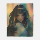 虹の光に囲まれたアニメの少女のアートワーク フリースブランケット (正面)