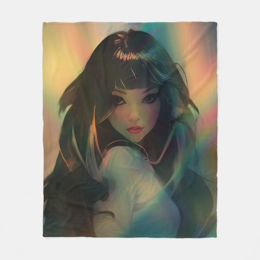 虹の光に囲まれたアニメの少女のアートワーク フリースブランケット (正面)