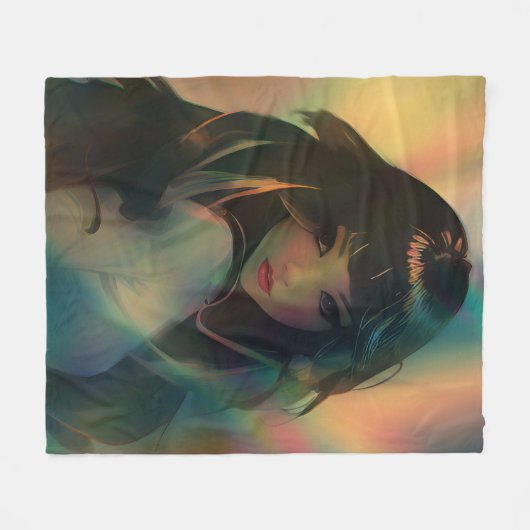 虹の光に囲まれたアニメの少女のアートワーク フリースブランケット (正面(横))