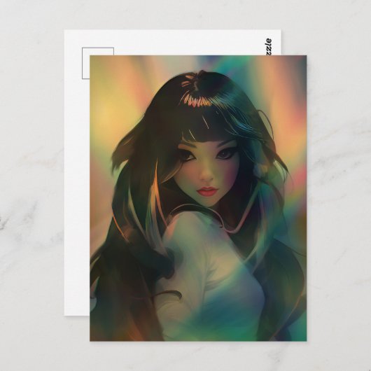 虹の光に囲まれたアニメの少女のアートワーク ポストカード (正面/裏面)