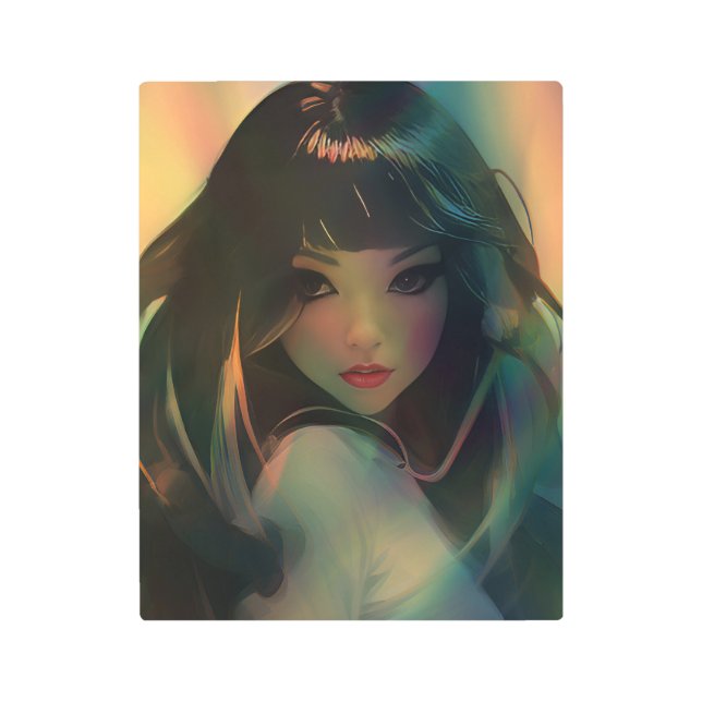 虹の光に囲まれたアニメの少女のアートワーク メタルプリント (正面)