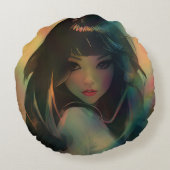 虹の光に囲まれたアニメの少女のアートワーク ラウンドクッション (裏面)