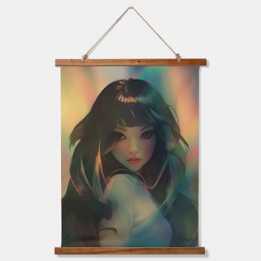 虹の光に囲まれたアニメの少女のアートワーク 吊り下げ型タペストリー (正面)