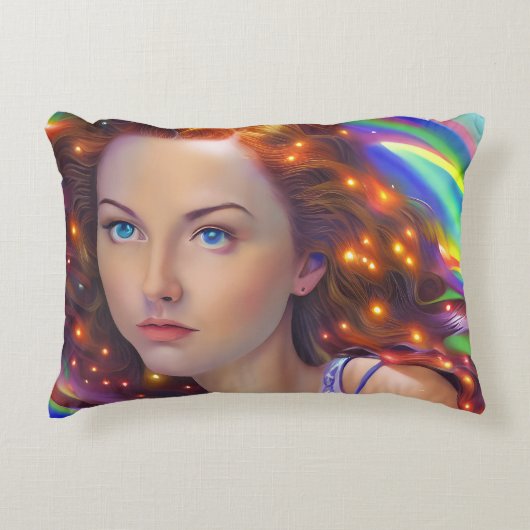虹の光を放つ夢見心地の少女 アクセントクッション (正面)