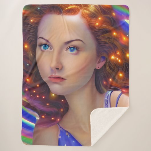 虹の光を放つ夢見心地の少女 シェルパブランケット (正面)