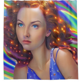 虹の光を放つ夢見心地の少女 シャワーカーテン