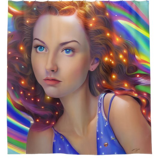 虹の光を放つ夢見心地の少女 シャワーカーテン (正面)