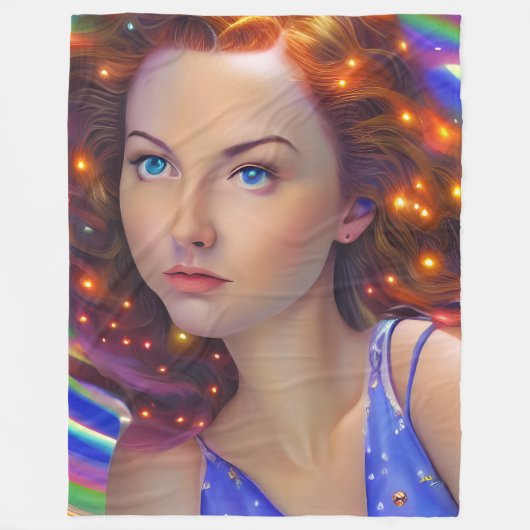 虹の光を放つ夢見心地の少女 フリースブランケット (正面)