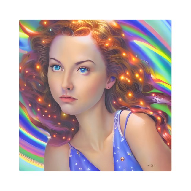 虹の光を放つ夢見心地の少女 メタルプリント (正面)
