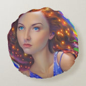 虹の光を放つ夢見心地の少女 ラウンドクッション (裏面)