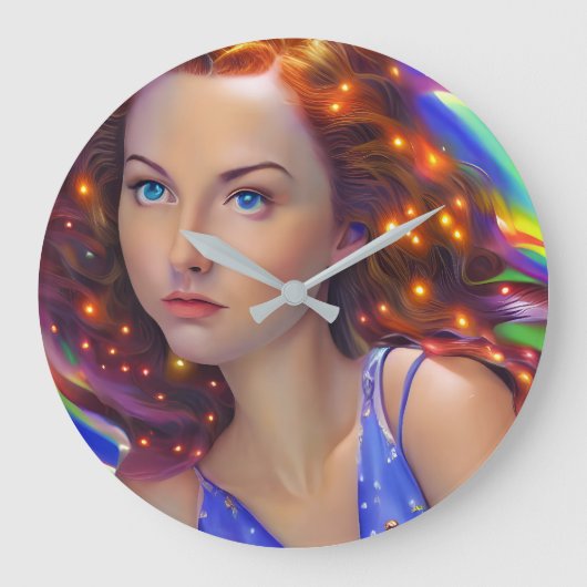 虹の光を放つ夢見心地の少女 ラージ壁時計 (正面)