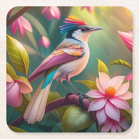 虹の冠を戴くカケス幻想の鳥 スクエアペーパーコースター (正面)