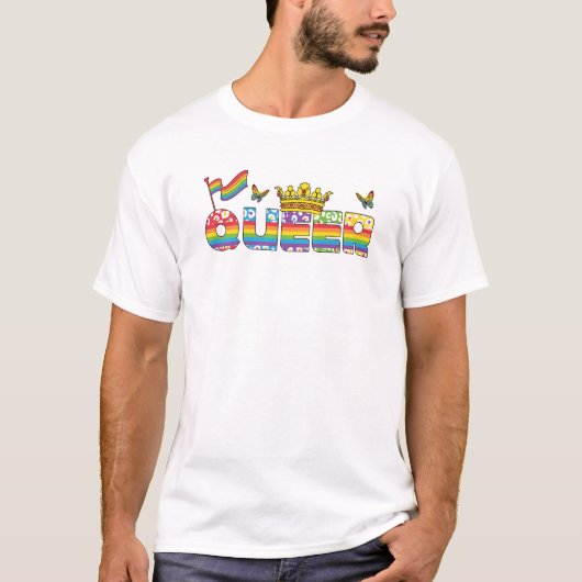 虹の同性愛者の王冠と旗と蝶 Tシャツ (正面)