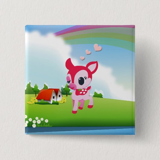 虹の国場面のかわいい愛シカの子鹿 缶バッジ (正面)