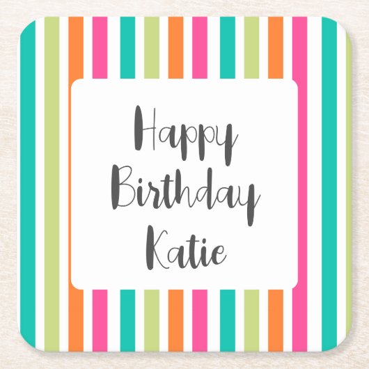 虹の垂直ストライプカラフル数々のレトロカラー スクエアペーパーコースター (正面)