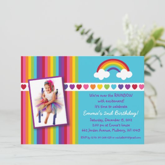 虹の女の子の写真の誕生日の招待状に 招待状 (スタンド正面)