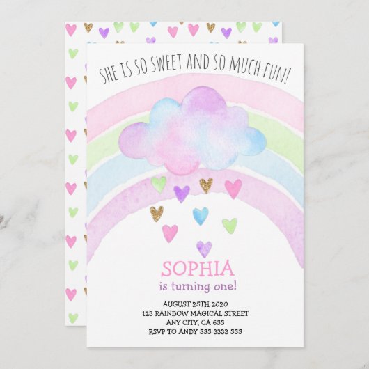 虹の女の子 誕生日 魔法のゴールドグリッター 招待状 (正面/裏面)