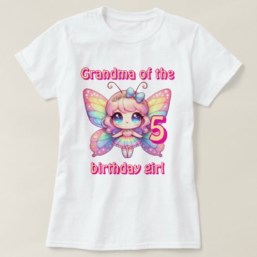 虹の妖精の蝶を持つ誕生日のおばあちゃん Tシャツ (デザイン正面)
