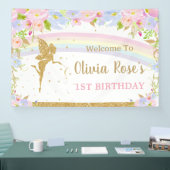 虹の妖精 ピンク 青 花の誕生日背景 横断幕 (トレードショー)