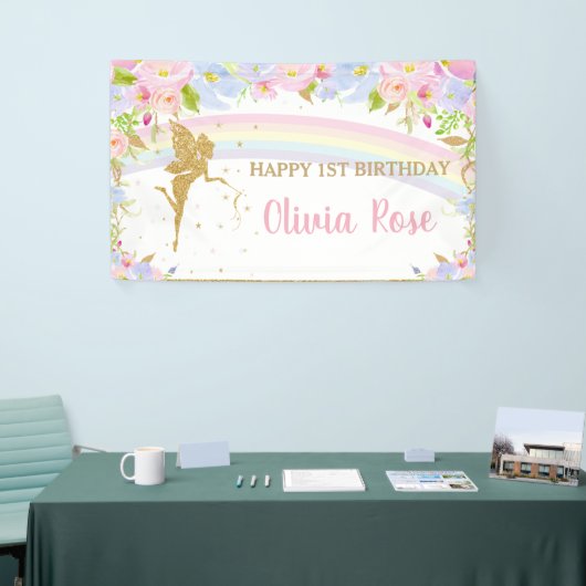 虹の妖精 ピンク 青 花の誕生日背景 B 横断幕 (トレードショー)