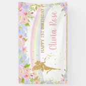 虹の妖精 ピンク 青 花の誕生日背景B 横断幕 (縦)