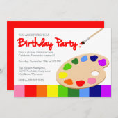 虹の子供の絵画のパーティーの誕生日 招待状 (正面/裏面)