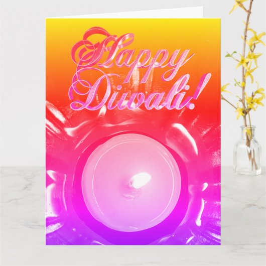 虹の幸せなDiwaliのカラフルのキャンドルライト カード (黄色い花)