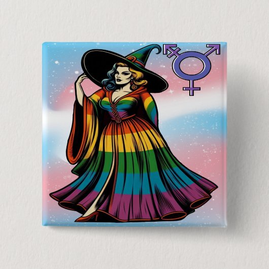 虹の旗の服のトランスジェンダーの魔女 缶バッジ (正面)