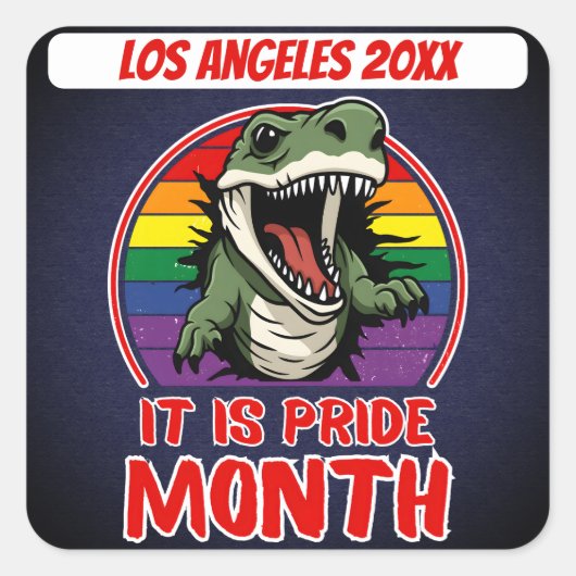 虹の旗の背景の恐竜 スクエアシール (正面)