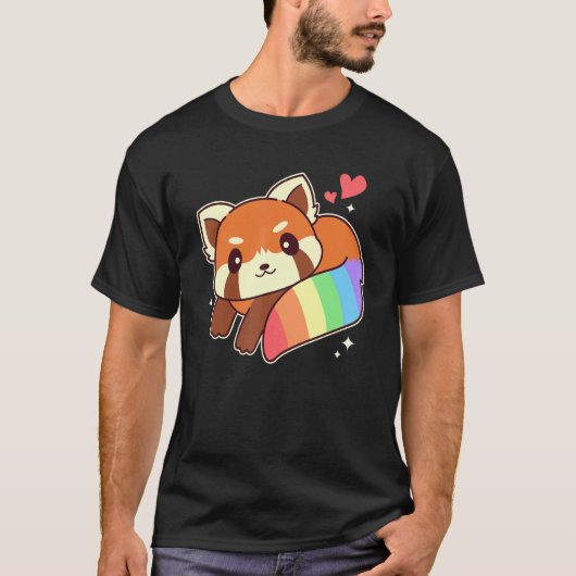 虹の旗の色の可愛いLgbtqレッドパンダ Tシャツ (正面)