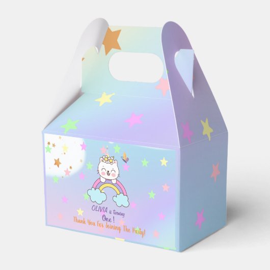 虹の星の上のかわいい一角猫1歳の誕生日 フェイバーボックス (裏面サイド)